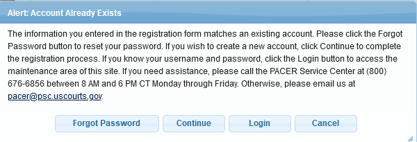 PACER Registration - Account Already Exists