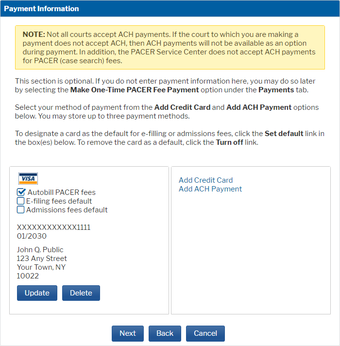 PACER Manage Payment Information