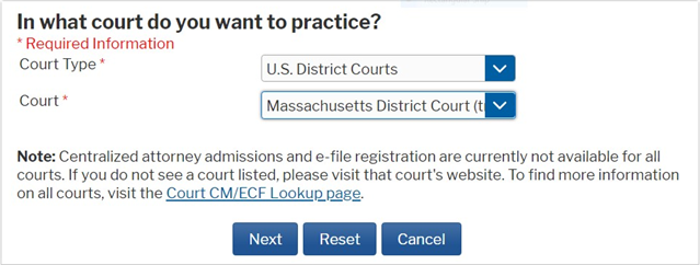 PACER Select a Court to Practice