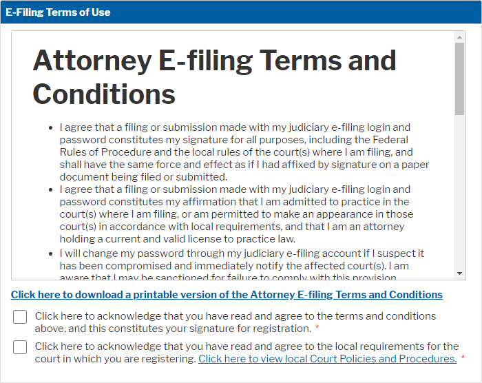 PACER E-Filing Terms of Use