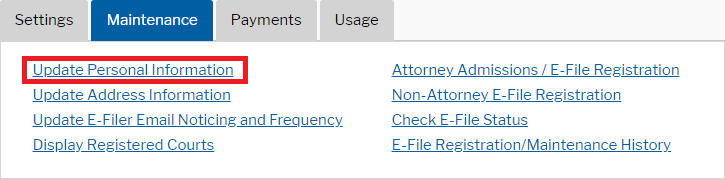 PACER Maintenance Tab