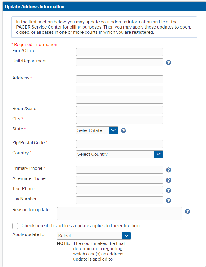 PACER Update Address Information